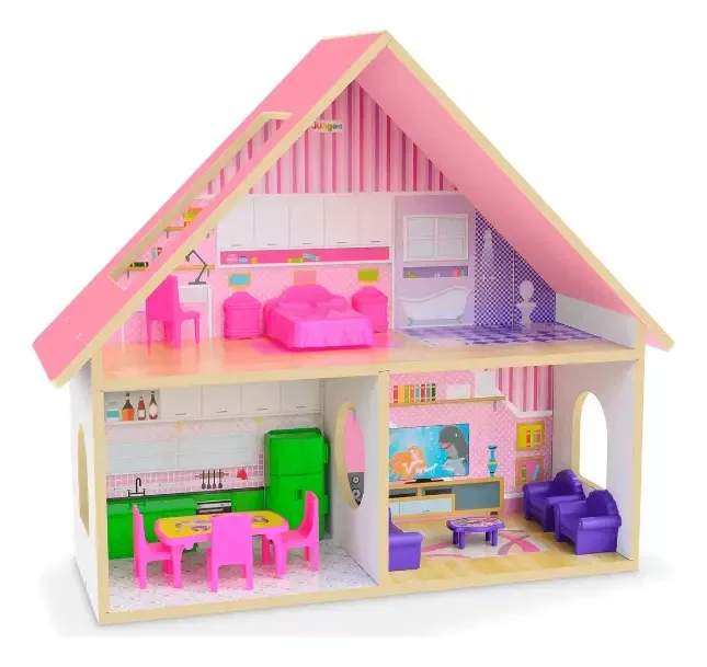 Casinha de Bonecas MDF Junges Sweet Home Rosa com Móveis e Acessórios