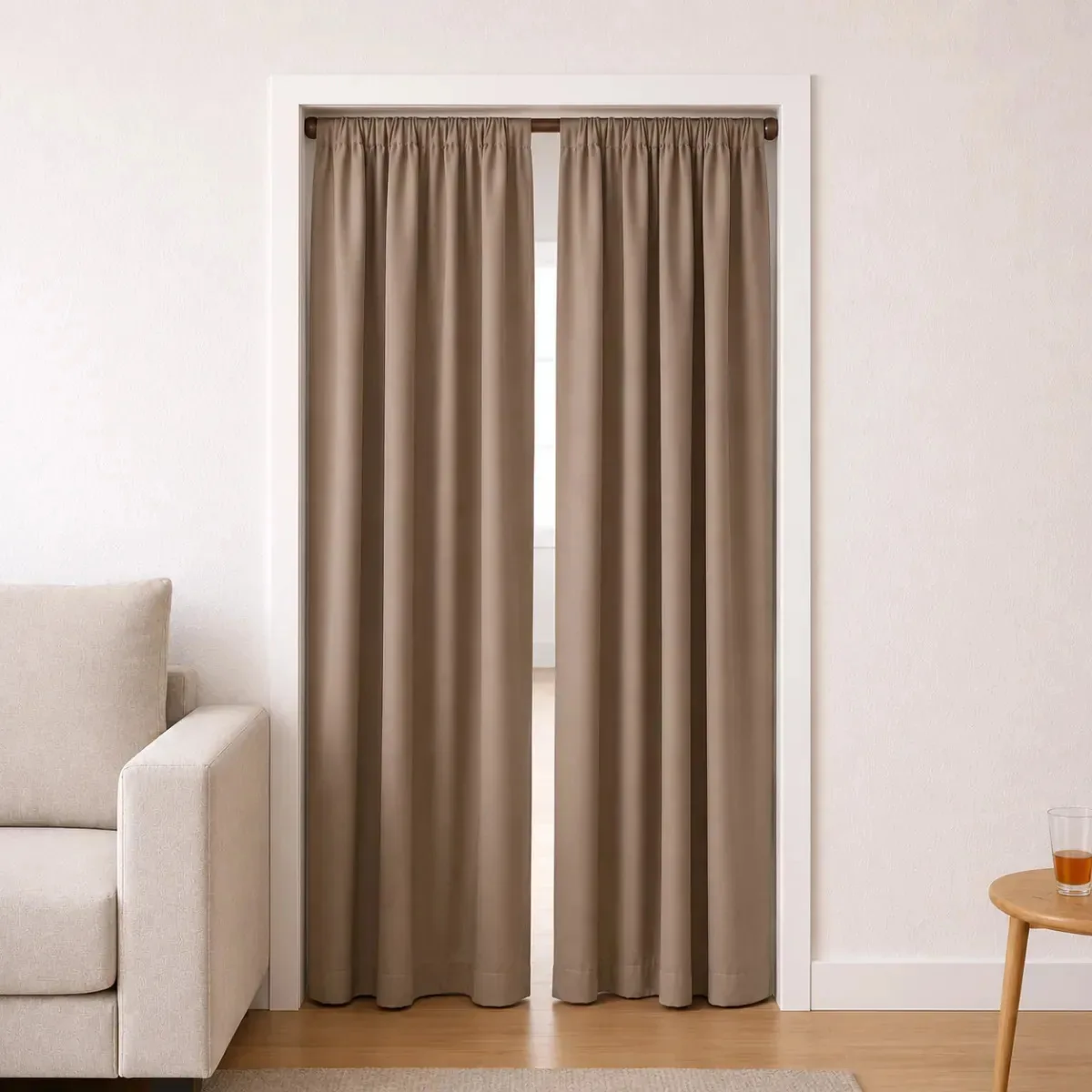 Kit Varao 1m + Cortina Porta Corredor Separação Ambiente Cor Cortina Palha / Varao Tabaco
