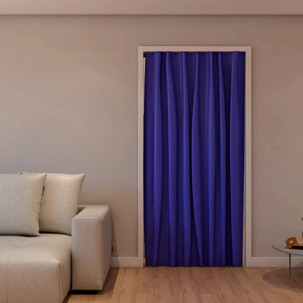 Kit Cortina Porta + Varão 1 Metro Separação Ambiente Cortina Azul + Varao Branco