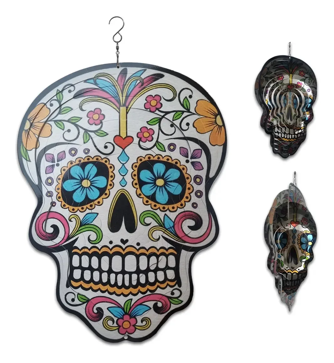 Decoração Caveira Mexicana 3d Inox Espiral Wind Spinner 30cm
