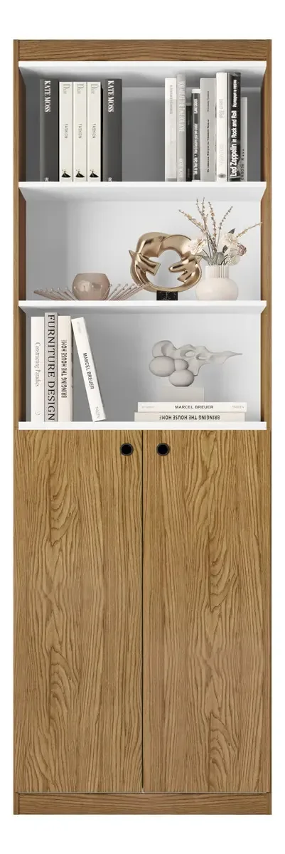 Estante Para Livros E Decoração Armario Organizador Escritorio Livreiro Com Portas E 5 Prateleiras Siena Luxo Nature Com Branco