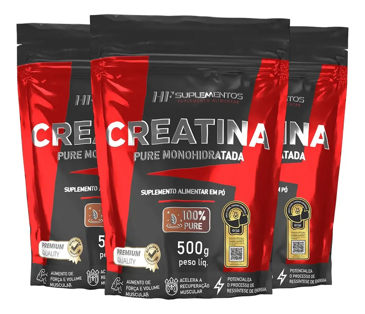 3x Creatina Monohidratada 100% Pura 500g Hf Suplementos Sem Sabor