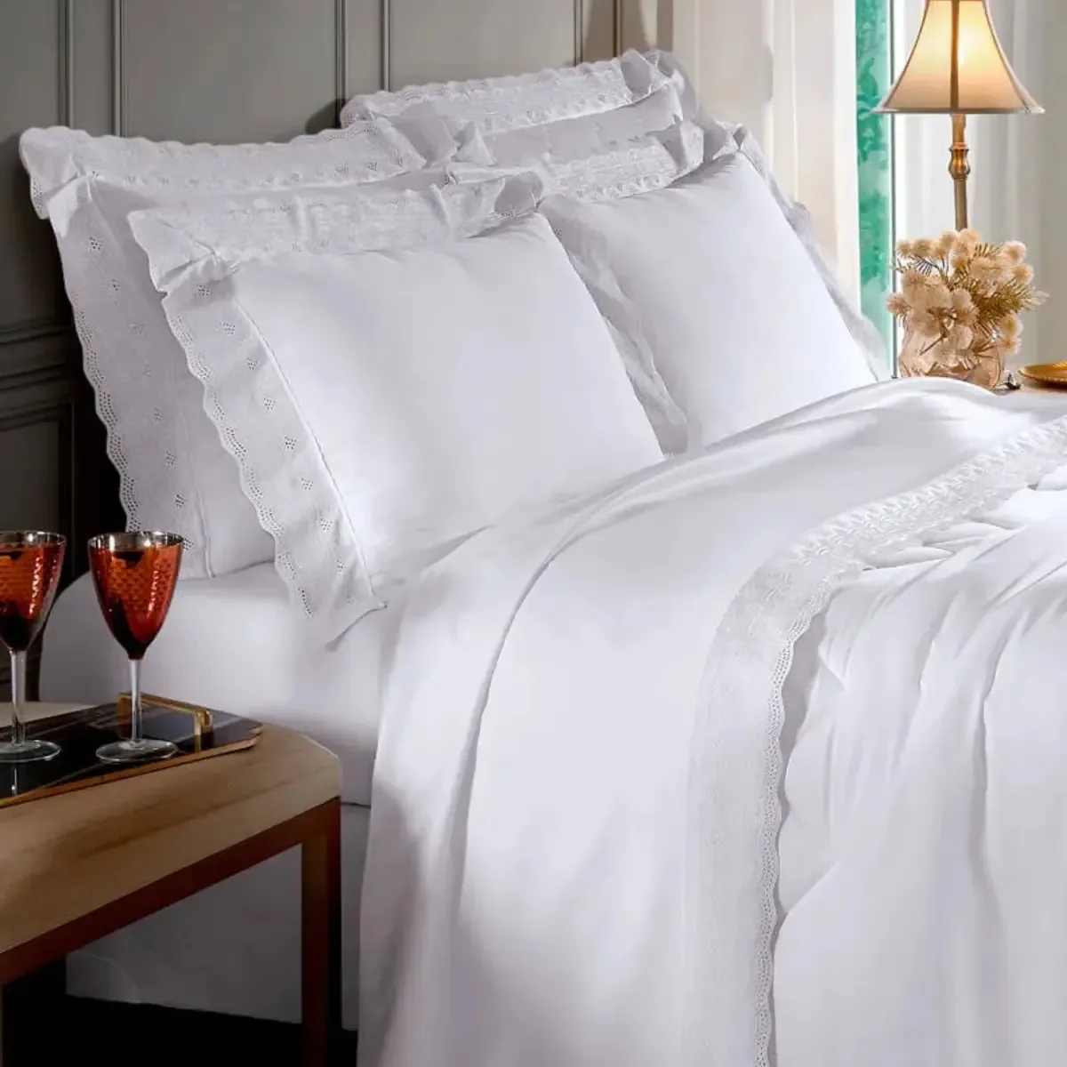 Jogo Cama King 300 Fios Buettner Renda Branco Renascença