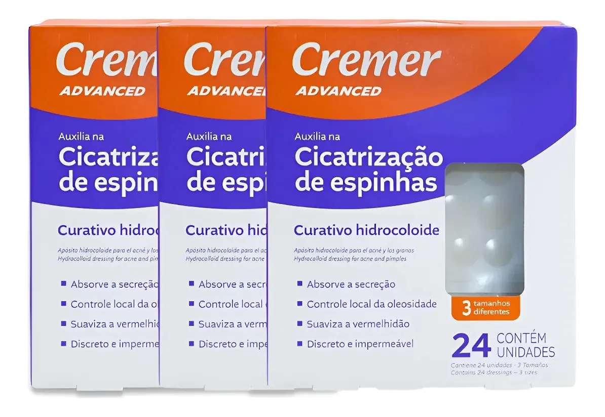 3 Curativos Hidrocoloide Acnes E Espinhas 24un Cada Cremer