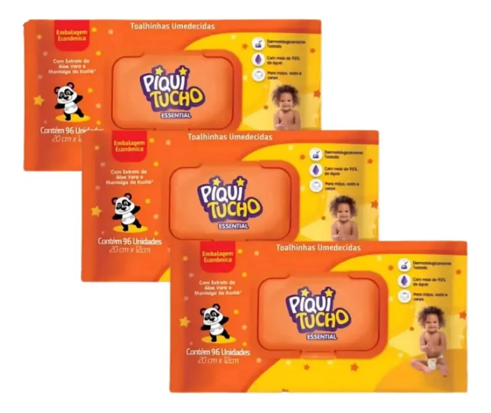 Kit 3 Toalhas Umedecidas Piquitucho Essential 96 Unidades Cada