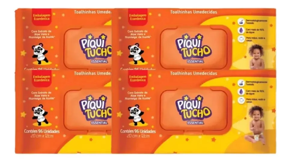 Kit 4 Toalhas Umedecidas Piquitucho Essential 96 Unidades Cada