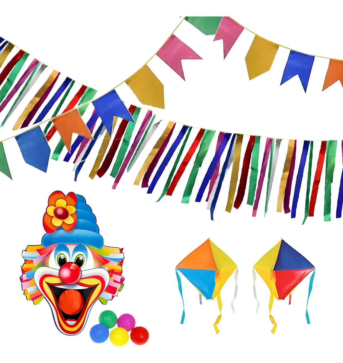 Kit Bandeirinhas Fitas De Festa Junina Palhaço Bocão E Balão Cor Colorido Liso