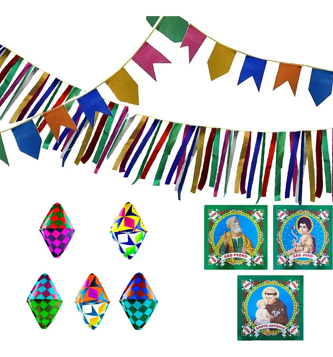 Kit Festa Junina Real Seda Balões Bandeirinhas Santinhos 30m Colorido