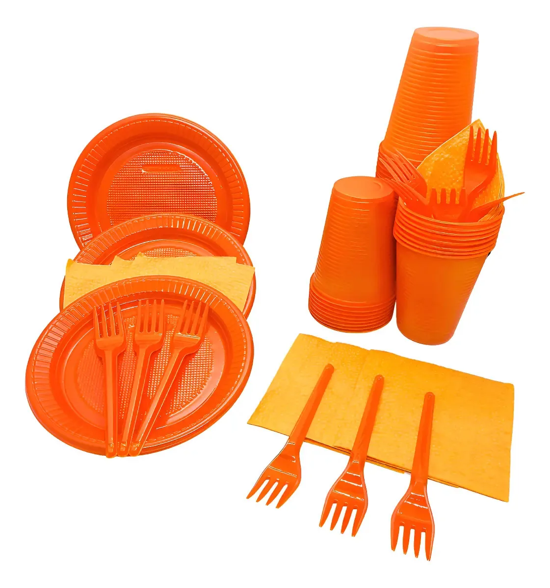 Kit 200 Descartáveis De Festa - Copo Prato Garfo Guardanapo Cor Laranja Lisa