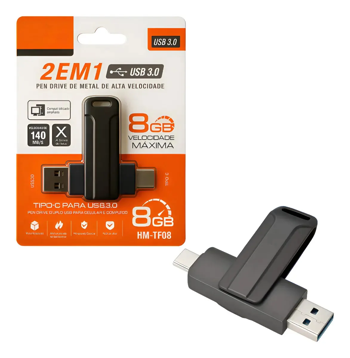 Pen Drive 8gb Compacto Usb 3.0 + Tipo-c Versátil