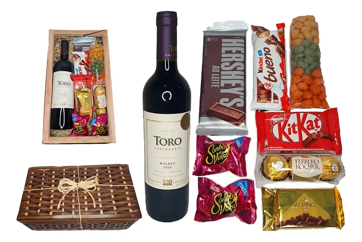 Cesta báu vinho e chocolates presente