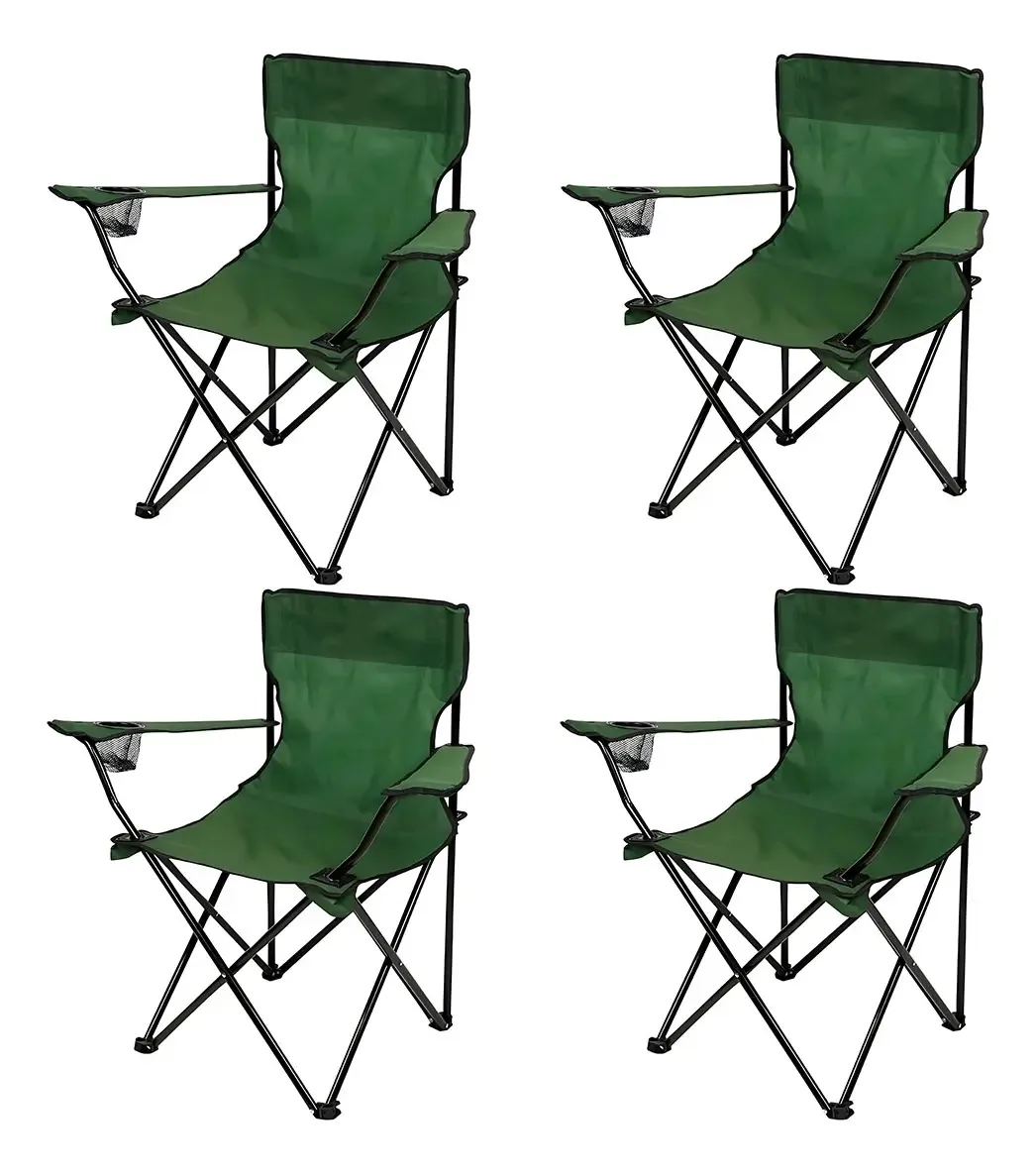 Kit 4 Cadeiras Pesca Dobrável C/ Porta Copos Azul Claro Cor Verde