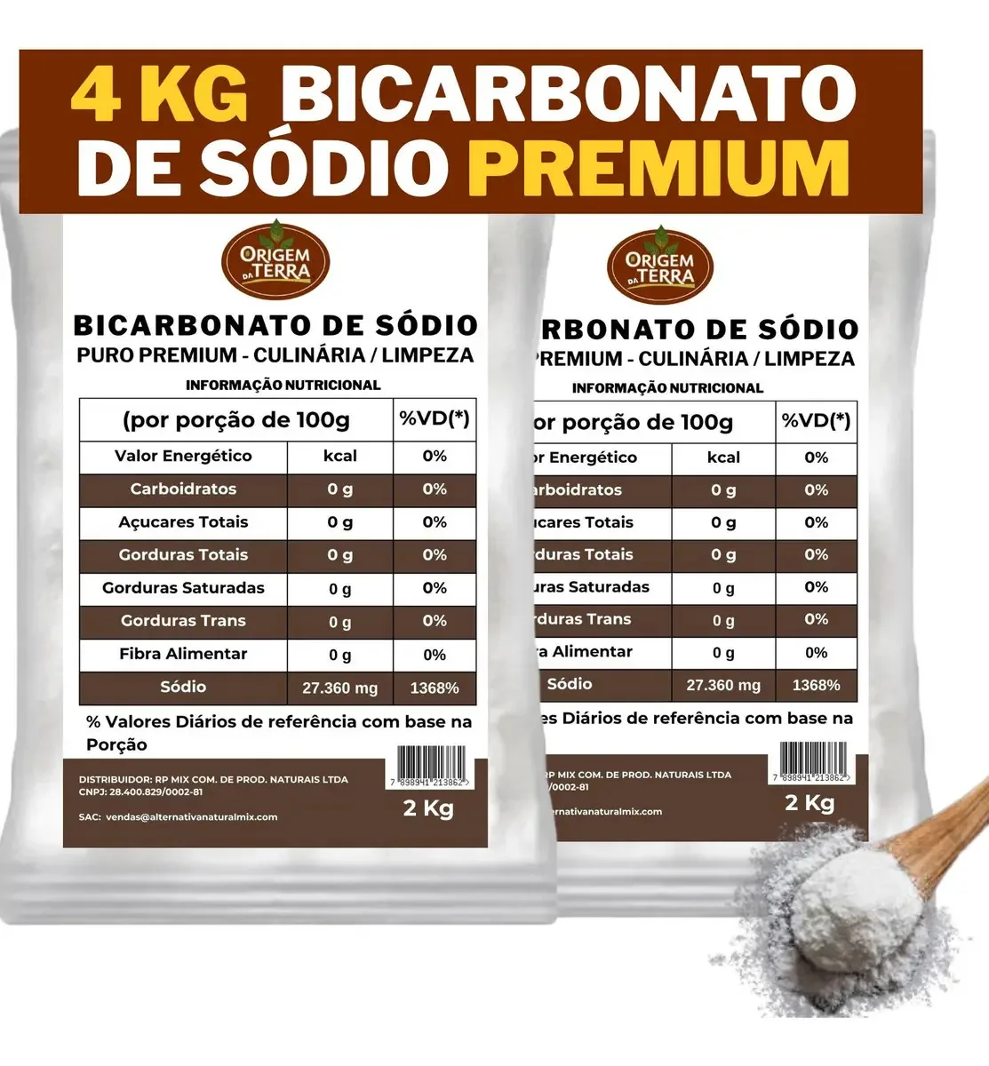 Bicarbonato Sódio - 4 Kg - Laudo De Pureza - Livre De Metais Pesados - Alimentício - Tira Mancha - Limpa Gordura - Remove Odores - NV