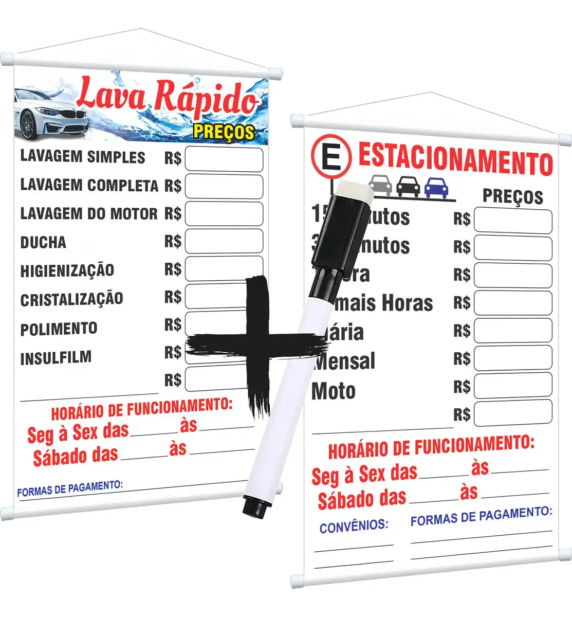 Kit 2 Banners Estacionamento E Lava Rápido Escreve E Apaga