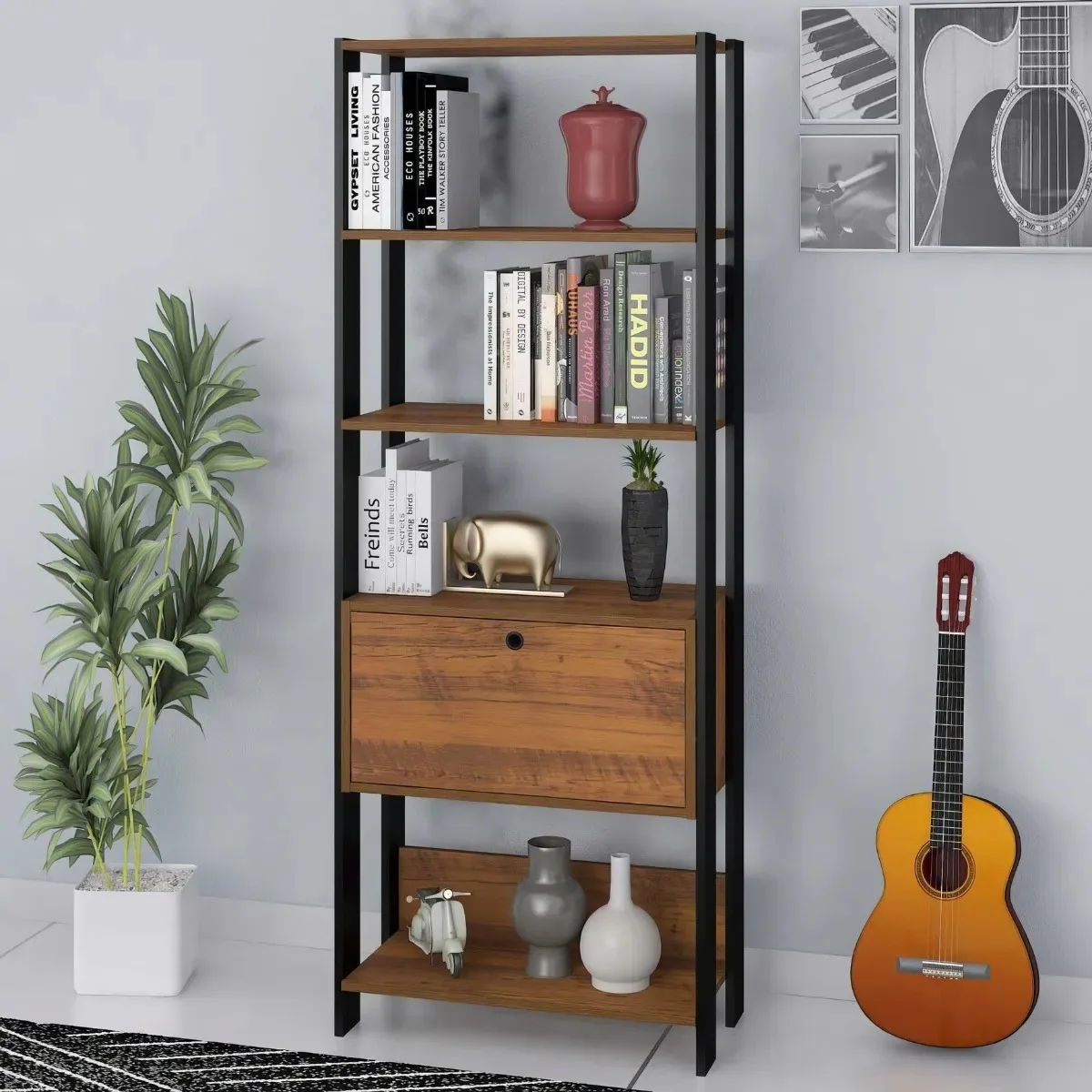 Estante Para Livros Livreiro Multiuso Com Porta Moderna Cor Pinho/preto