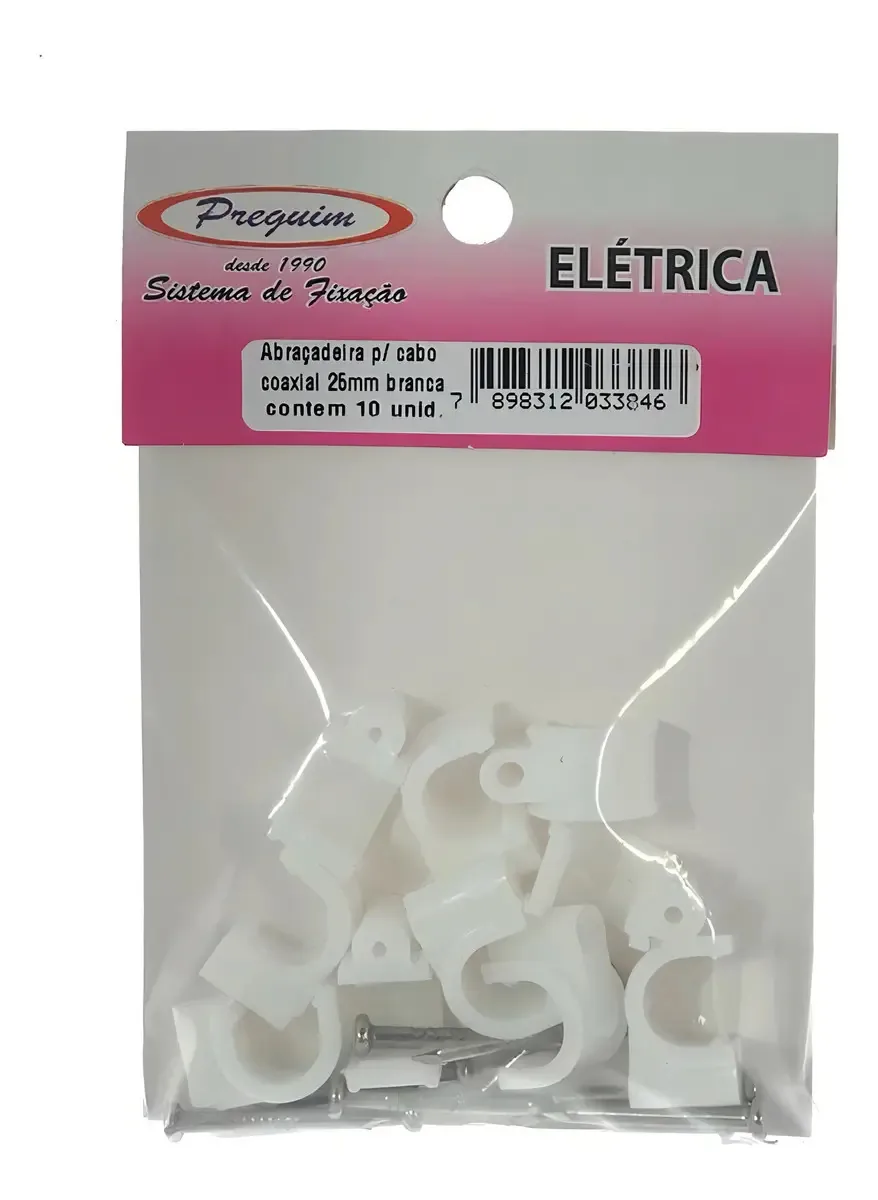 Cartela Grampo Fixa Fio Tipo Garra Branco Preguim Coaxial 10