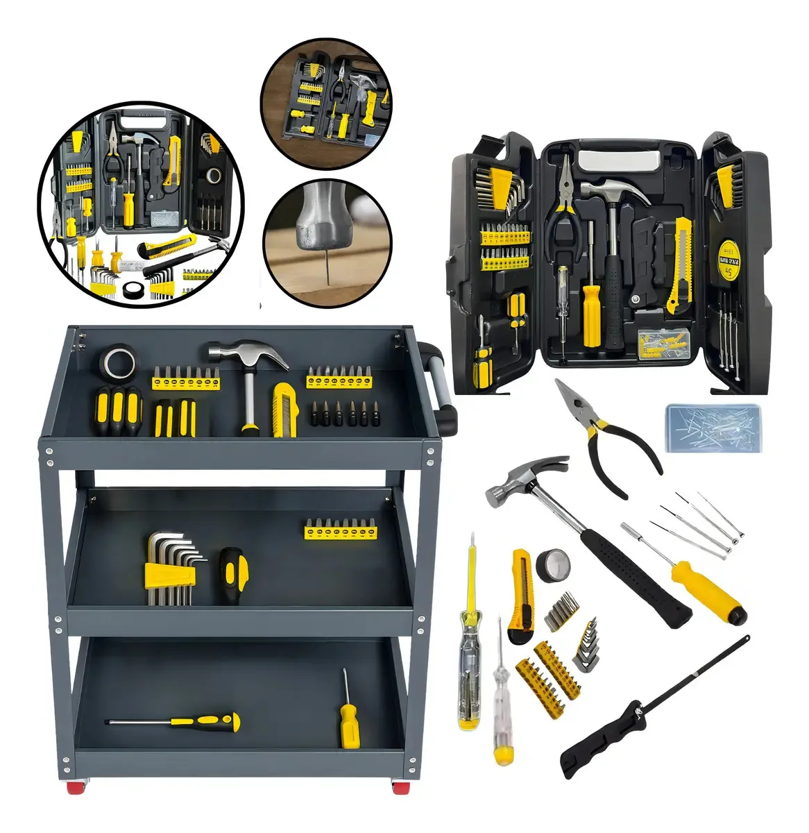 Kit Carrinho De Ferramentas/ Aberto Mecânico 200 Peças Com Soquetes E Chaves Snel Ferramentas