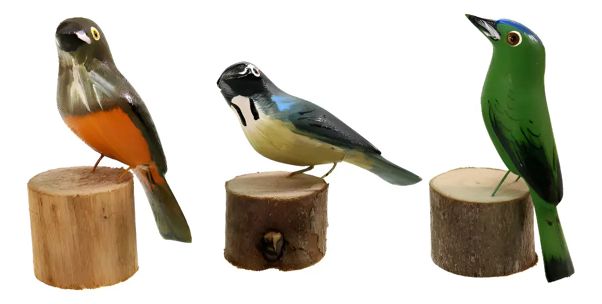Passarinhos Em Madeira Fauna Brasileira Artesanato Mineiro Cor Trio 08