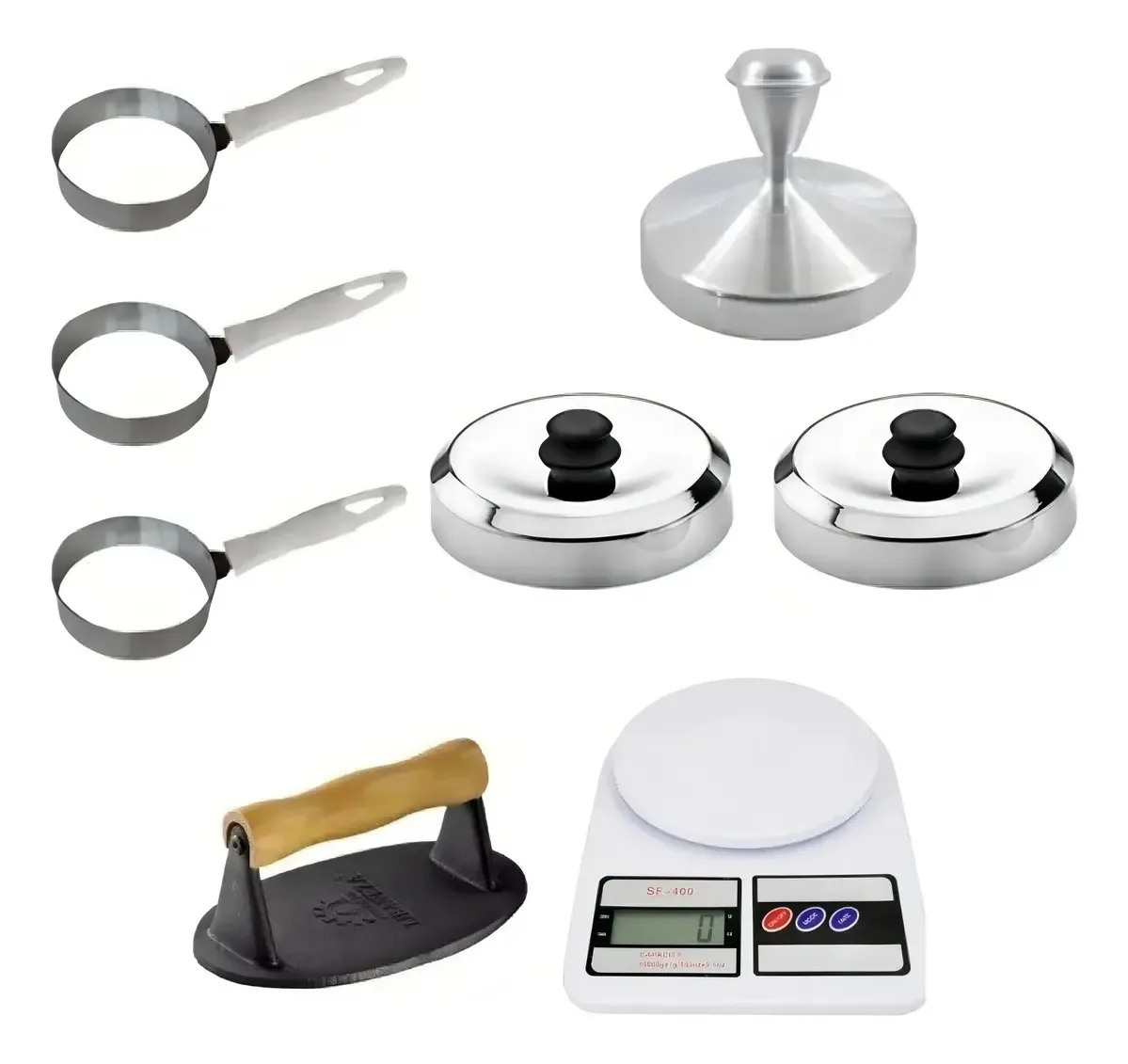 Kit Modelador Hambúrguer Ovos Abafador Balança Amassador
