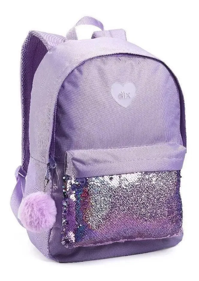 Mochila Paetes Lantejoulas Escolar +pompom Dl0659