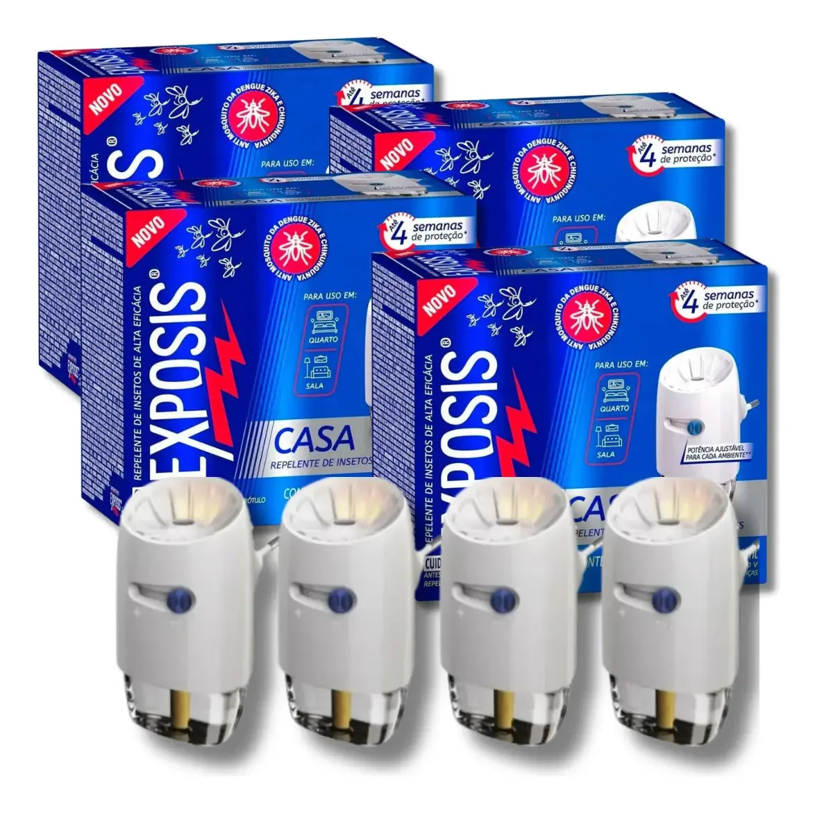 4 Aparelhos Repelente Elétrico + Refil Exposis Casa 32,9ml
