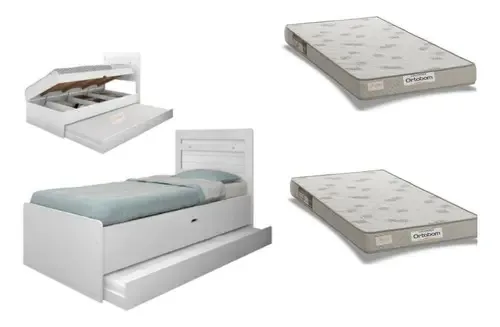Cama Baú C/ Auxiliar + 2 Colchões De Solteiro