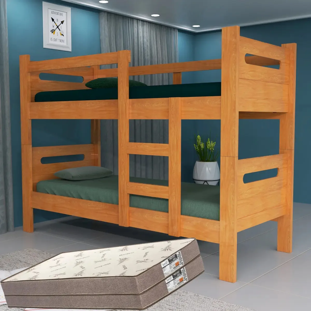 Cama Beliche Solteiro 100% Reforçada Com Colchões D33 Cor Cerejeira