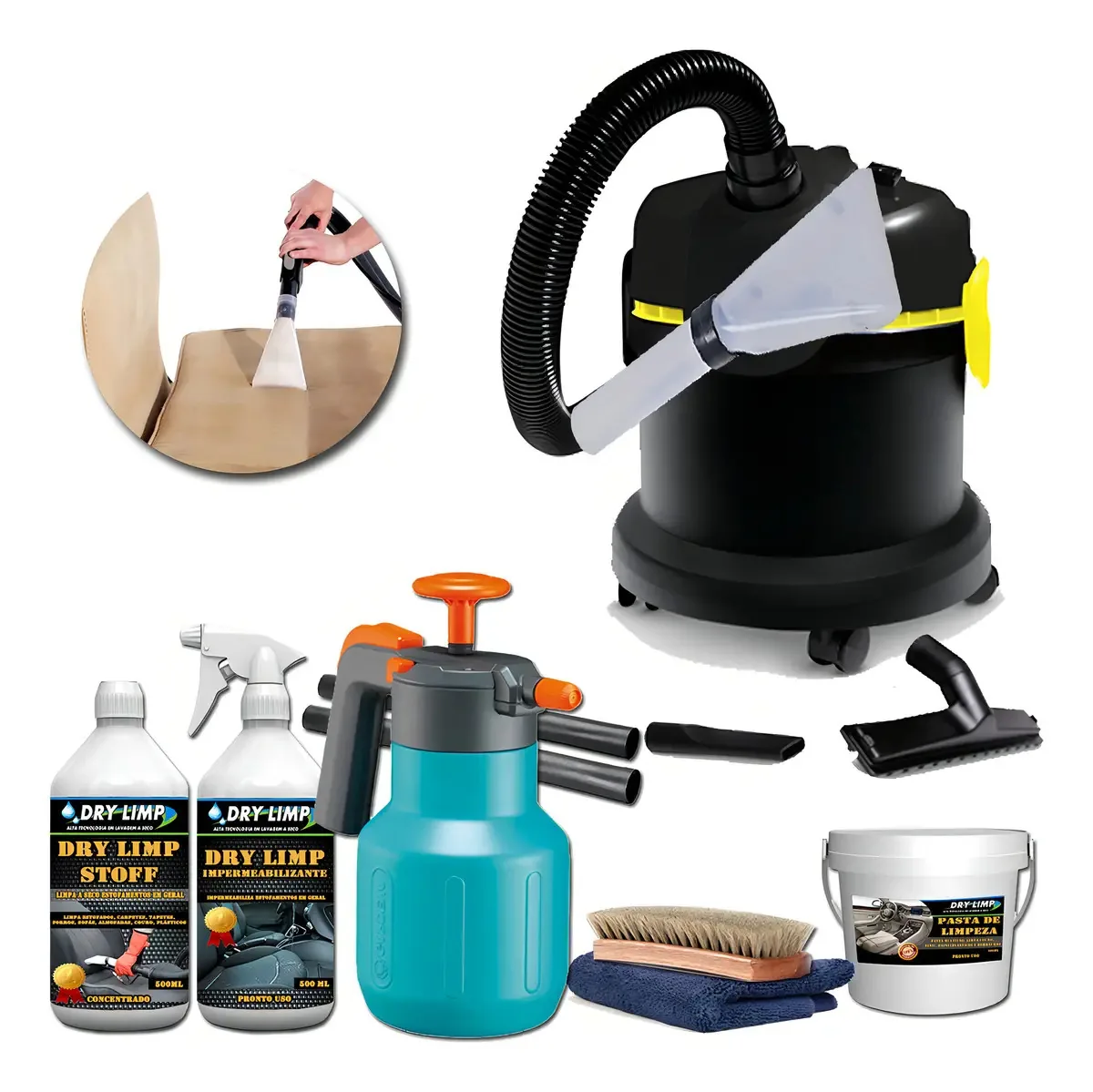 Kit Lavagem e Blindagem Sofá e Carro Dry Limp + Aspirador Híbrido 1250W