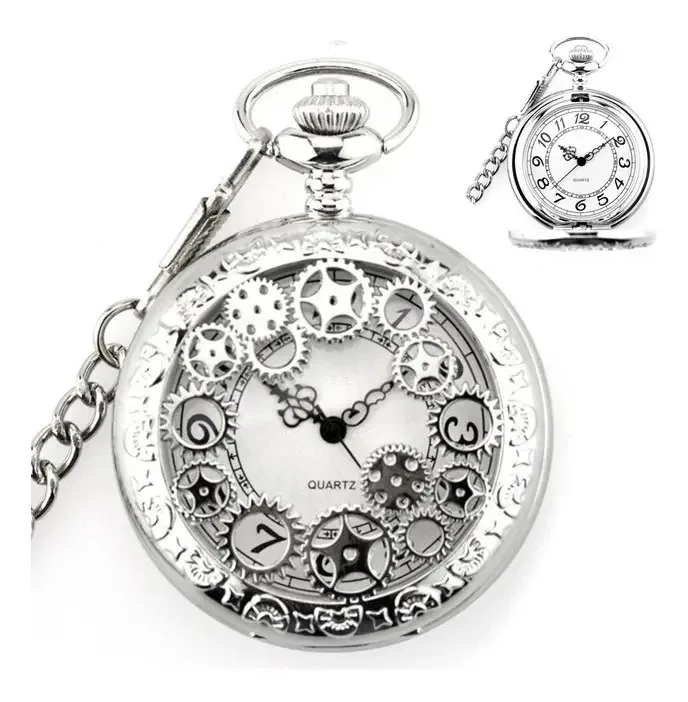 Relógio De Bolso Desenhado Corrente Quartz Steampunk Prata