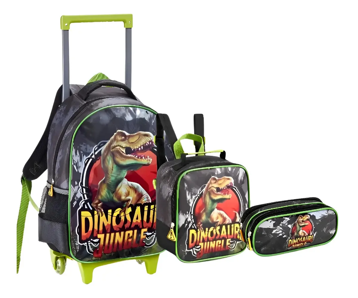 Kit Mochila Rodinha Lancheira Estojo Dinossauro Menino