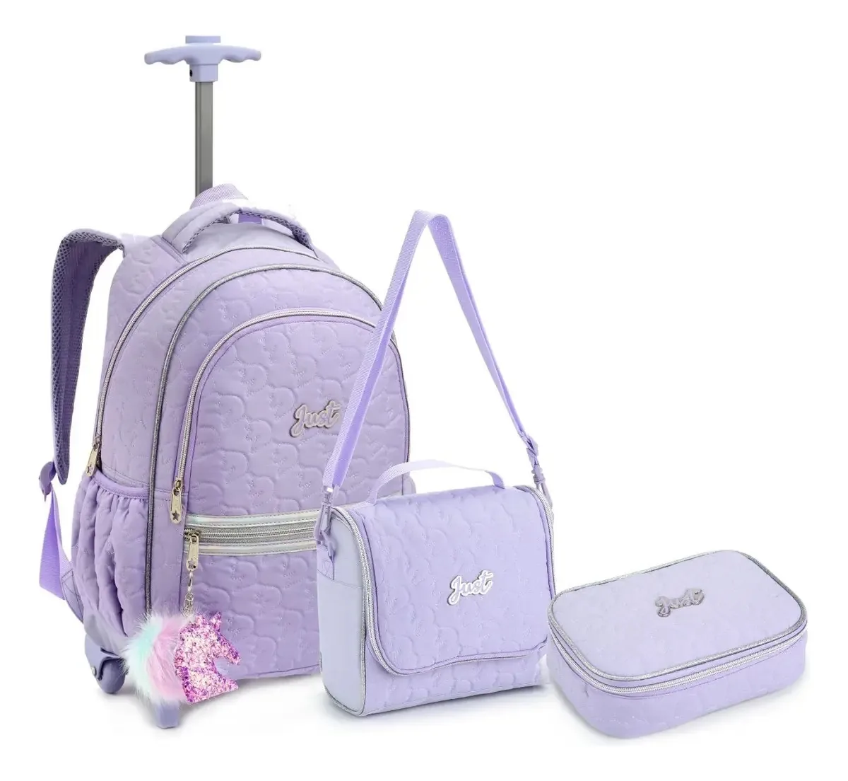 Rodinha Escolar Passeio Menina Pompom Chaveiro Cor Violeta Desenho Do Tecido Unicórnio