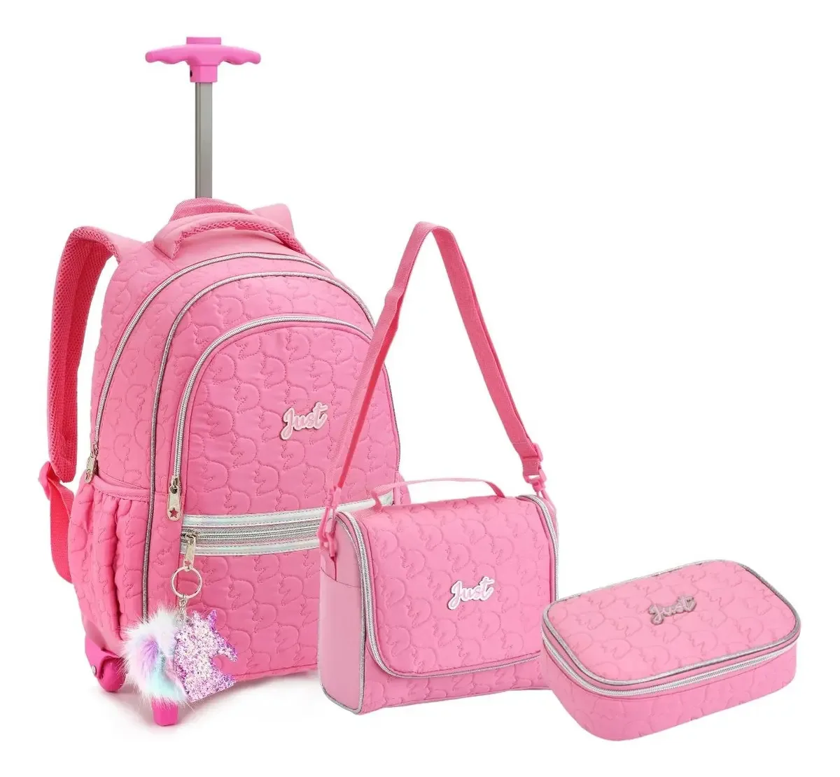 Rodinha Escolar Passeio Menina Pompom Chaveiro Cor Rosa Desenho Do Tecido Unicórnio