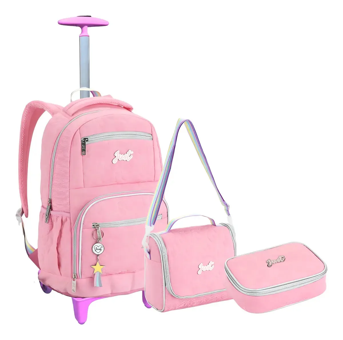 Rodinha Escolar Passeio Menina Pompom Chaveiro Cor Rosa-claro Desenho do tecido Estrela