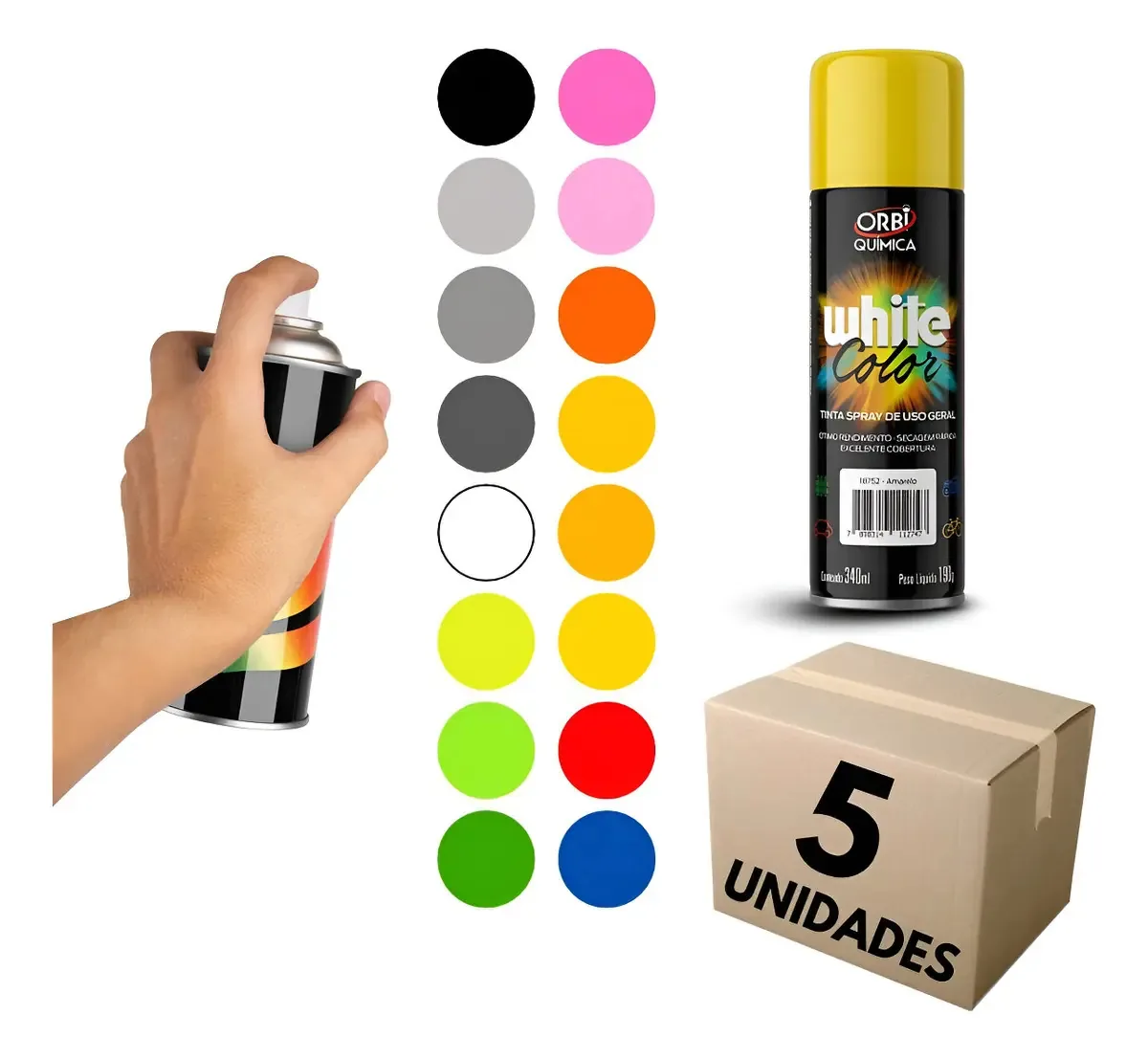 Kit 5 Tintas Spray Orbi Química White Color Amarelo 340ml Brilhante