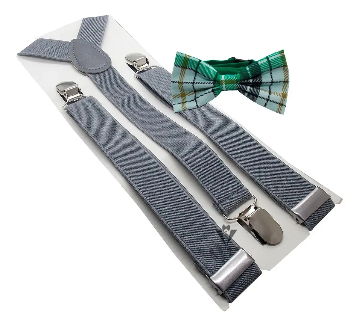 Kit Suspensório + Gravata Borboleta Xadrez Verde Algodão Cor Cinza/Verde