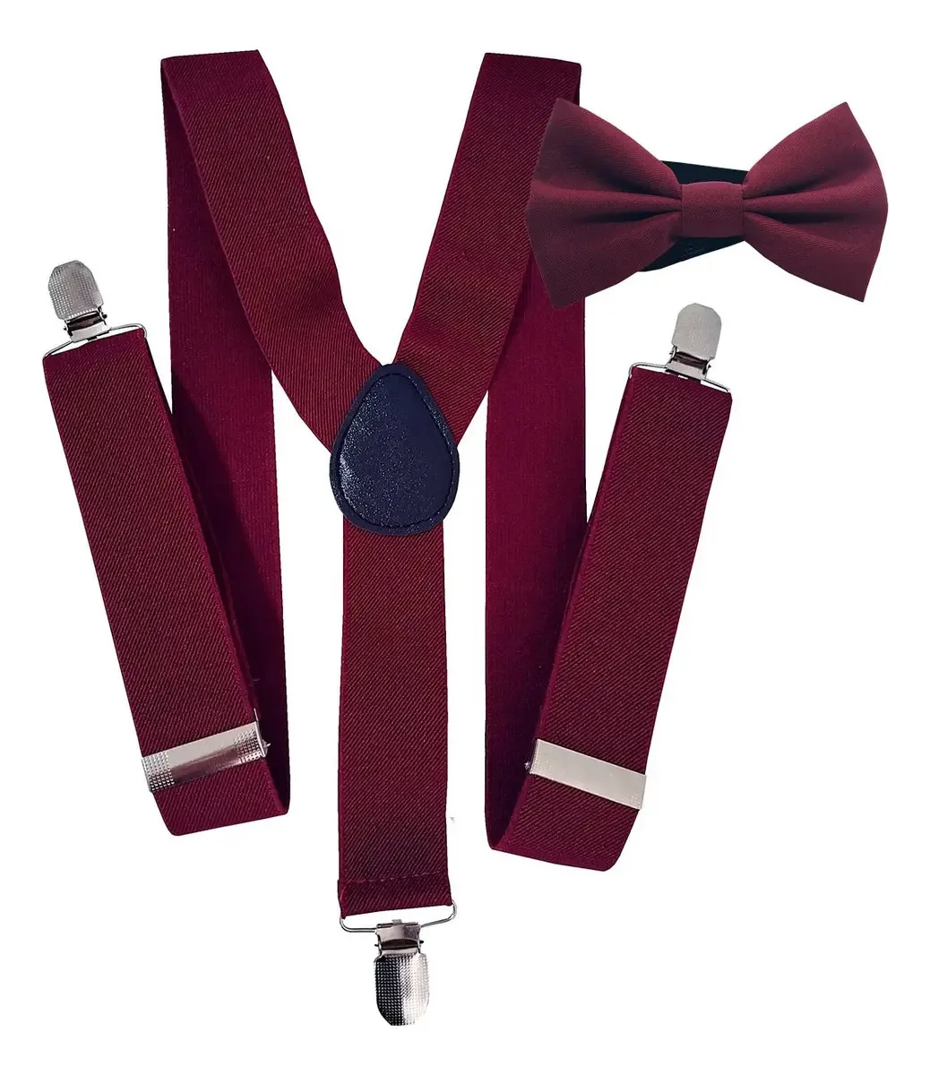 Kit Suspensório Largo + Gravata Borboleta Marsala Desenho Do Tecido Lisa