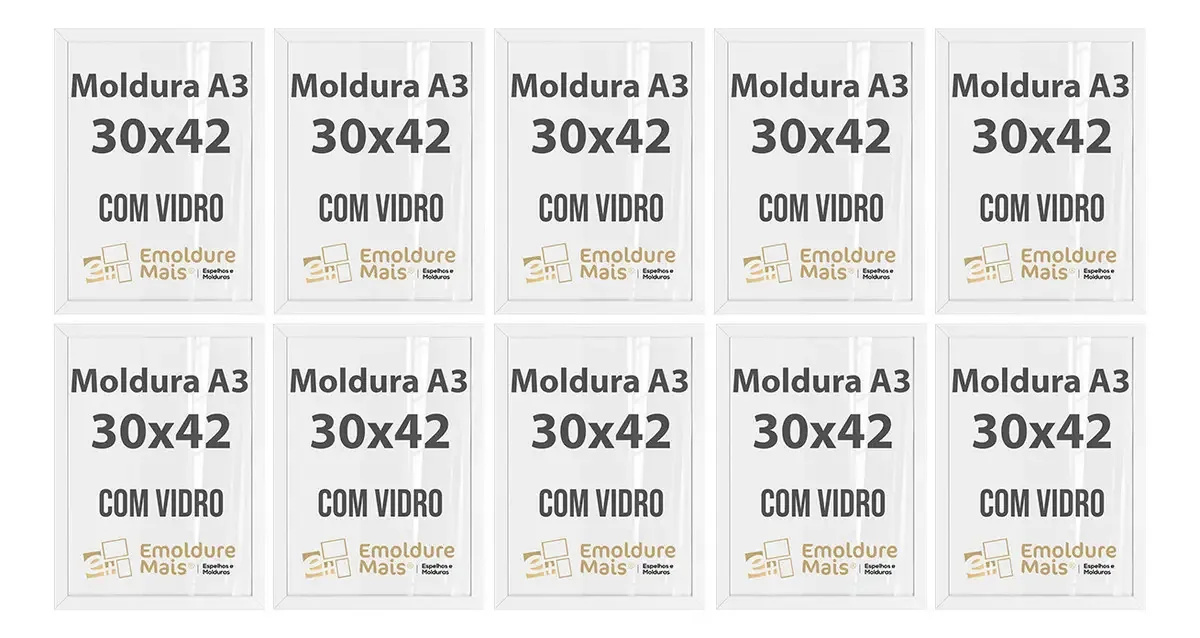 Kit 10 Molduras A3 30x42 Vidro P/ Quadros Alvara Foto Branco