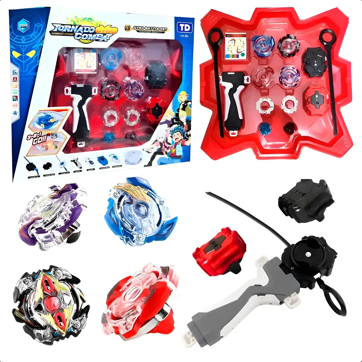 Kit 4 Beyblade + 2 Lançadores E Arena De Batalha Completo Cor Variado