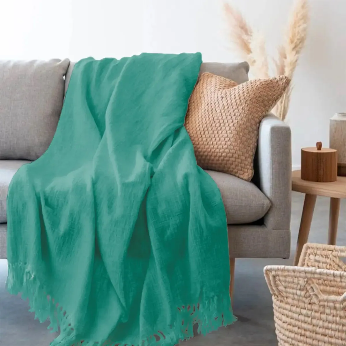 Kit 2 Mantas Para Sofá Grande Decorativa Lisa Artesanal Luxo Cor Azul-turquesa