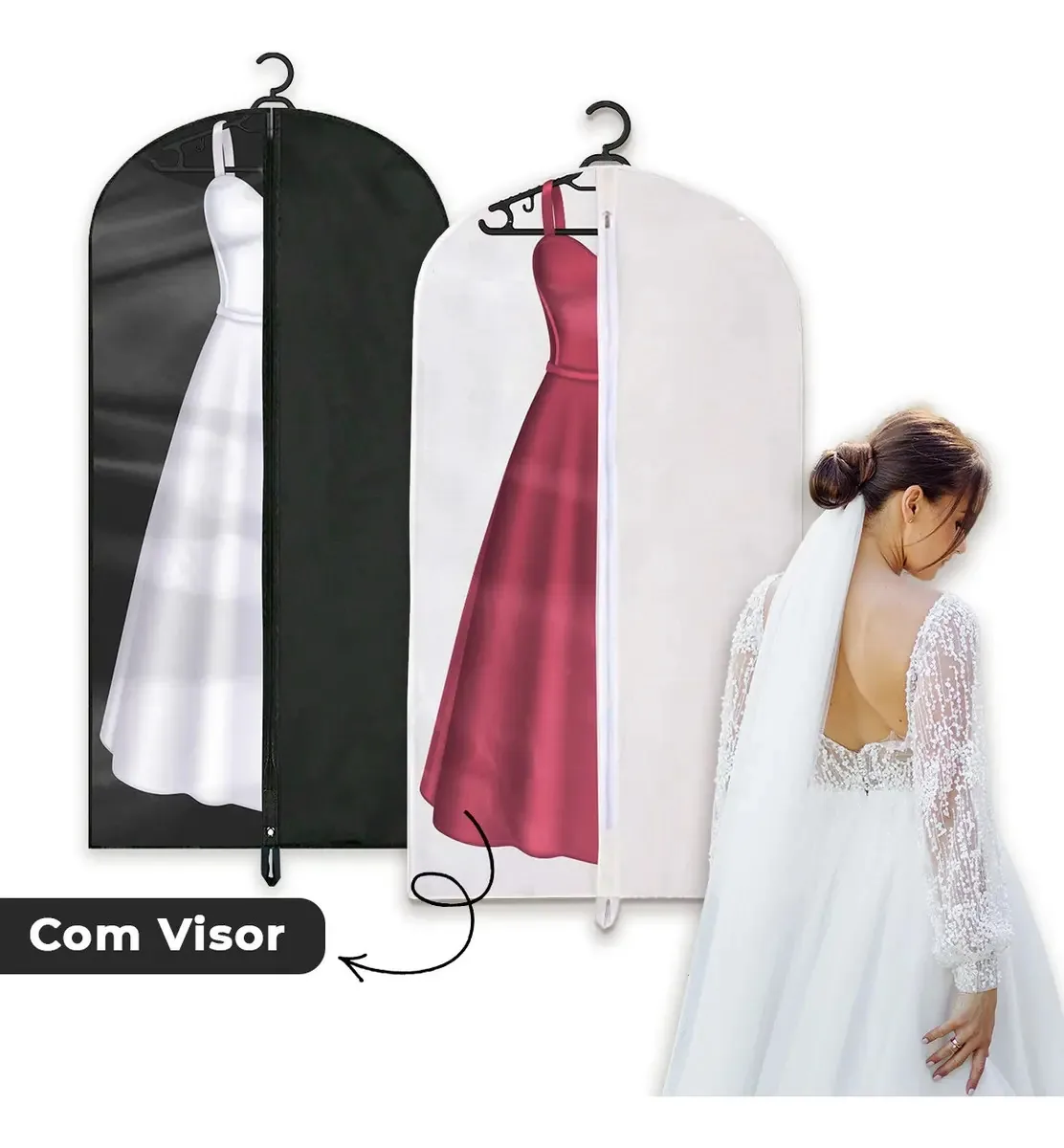 Capa Para Vestidos De Noiva Festas C/visor Protetor + Cabide Cor Branco