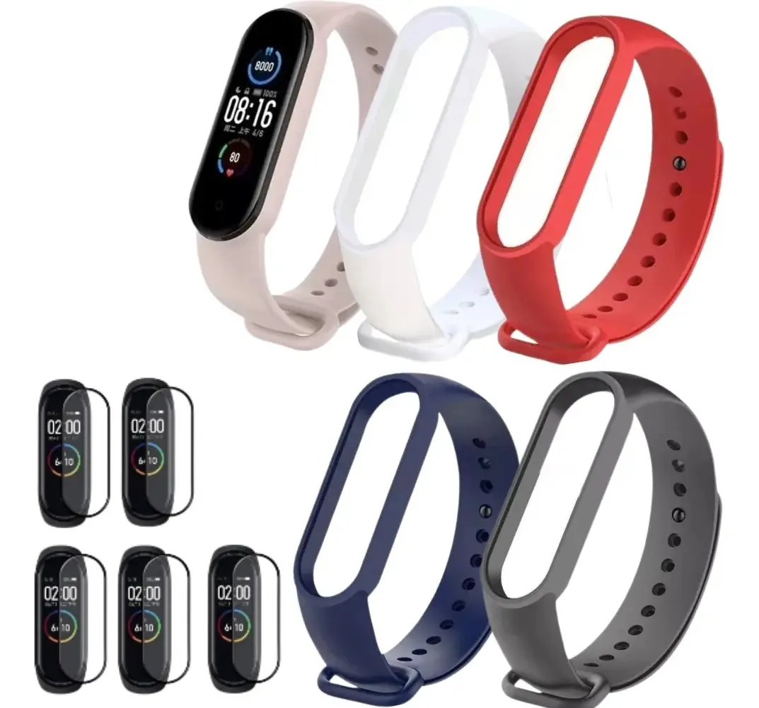 Kit 5 Pulseiras Com 5 Películas Protetoras Para Miband 5/6/7 Cor Rosa Areia Largura da pulseira 38.1 cm