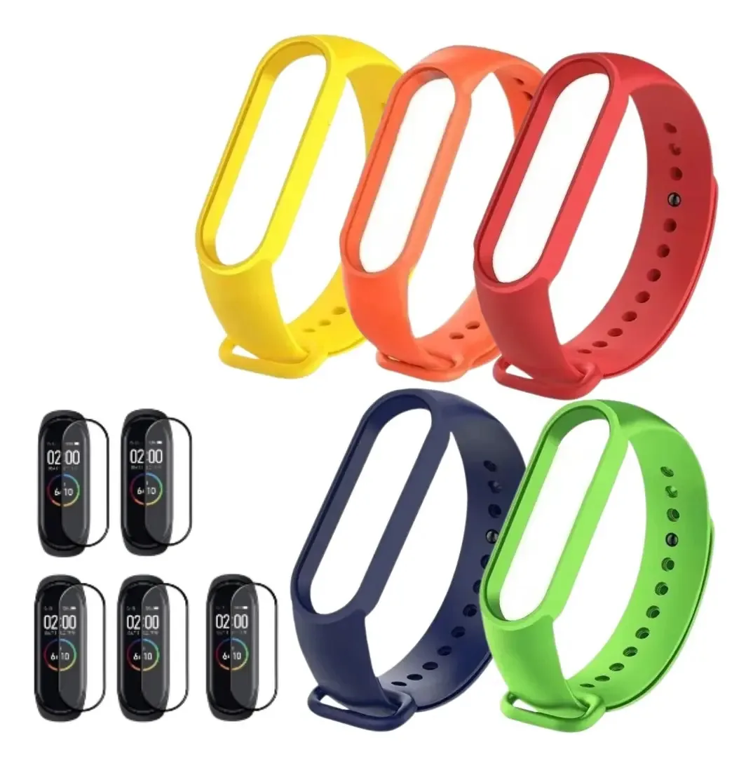 Kit 5 Pulseiras de Silicone para Mi Band 5, 6 e 7 com 5 Películas Protetoras Amarelas