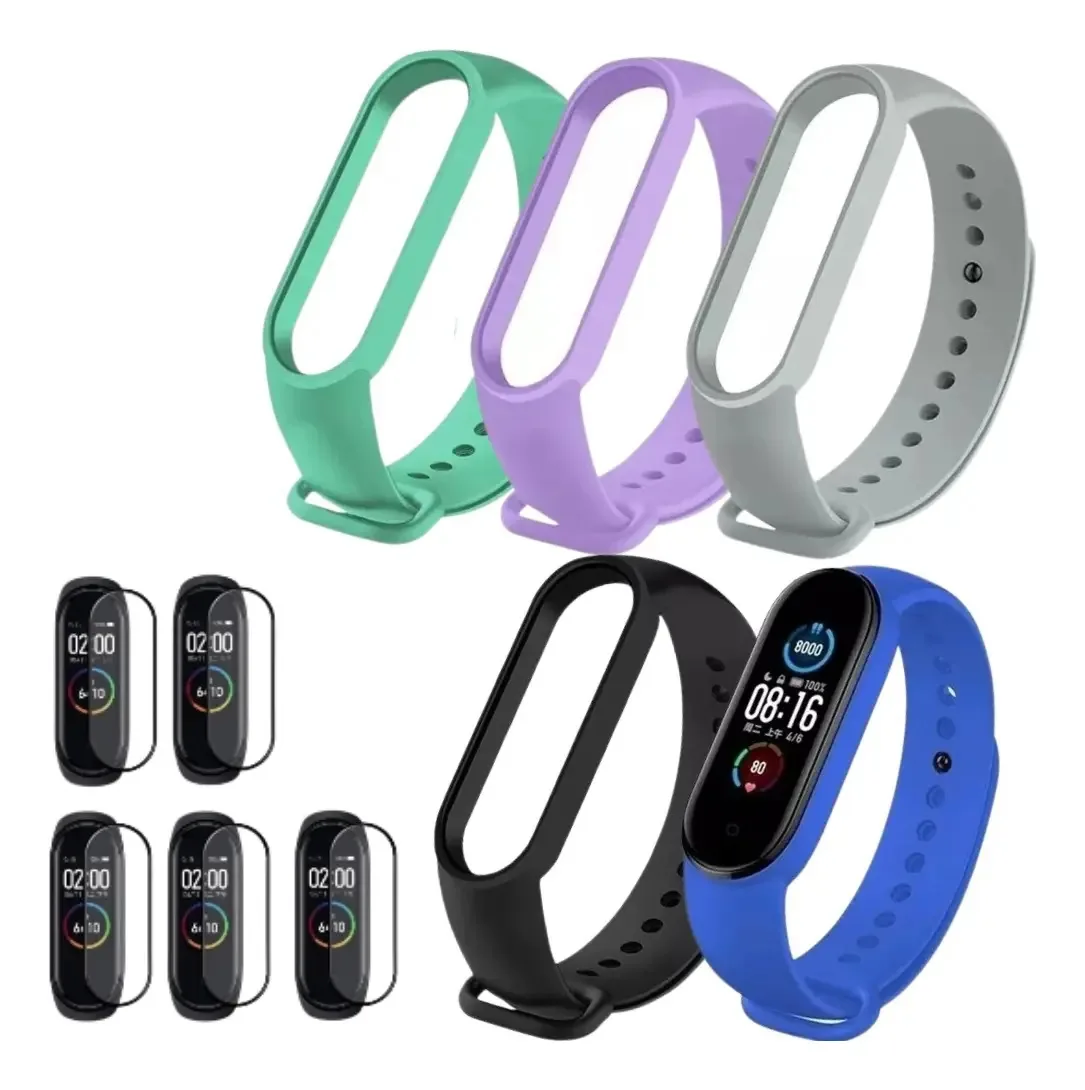 Kit 5 Pulseiras 01Smart Mi Band 5/6/7 Silicone Verde-Claro + 5 Películas Protetoras