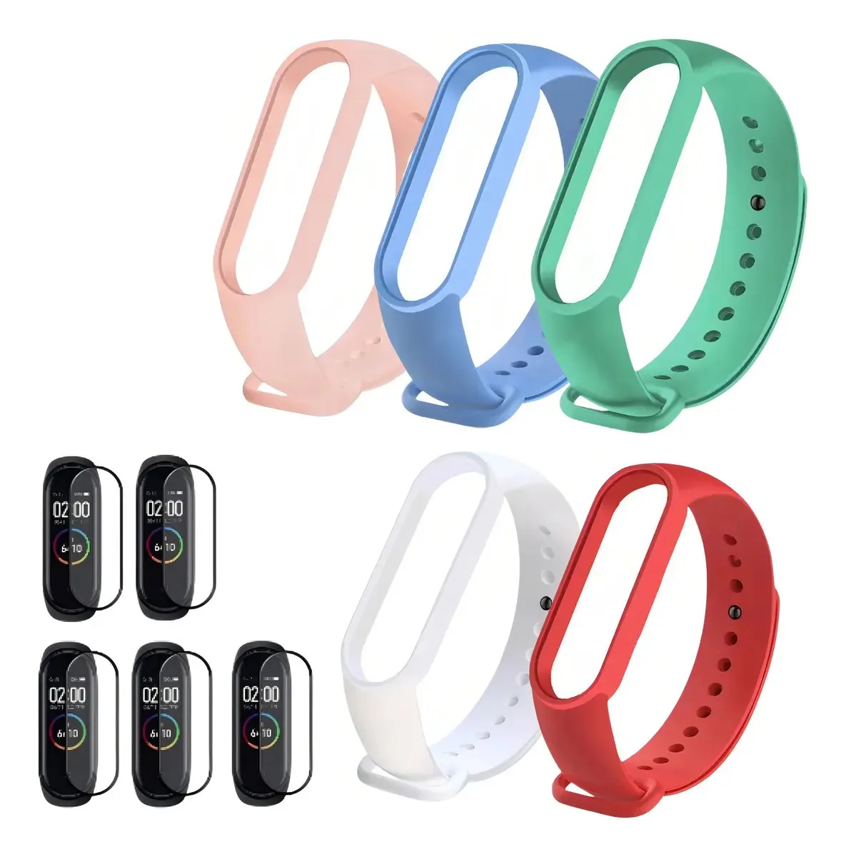 Kit 5 Pulseiras Com 5 Películas Protetoras Para Miband 5/6/7 Cor Rosa-claro Largura Da Pulseira 38.1 Cm