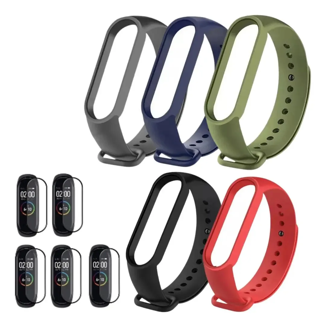 Kit 5 Pulseiras Mi Band 5/6/7 01Smart Silicone + 5 Películas Proteção