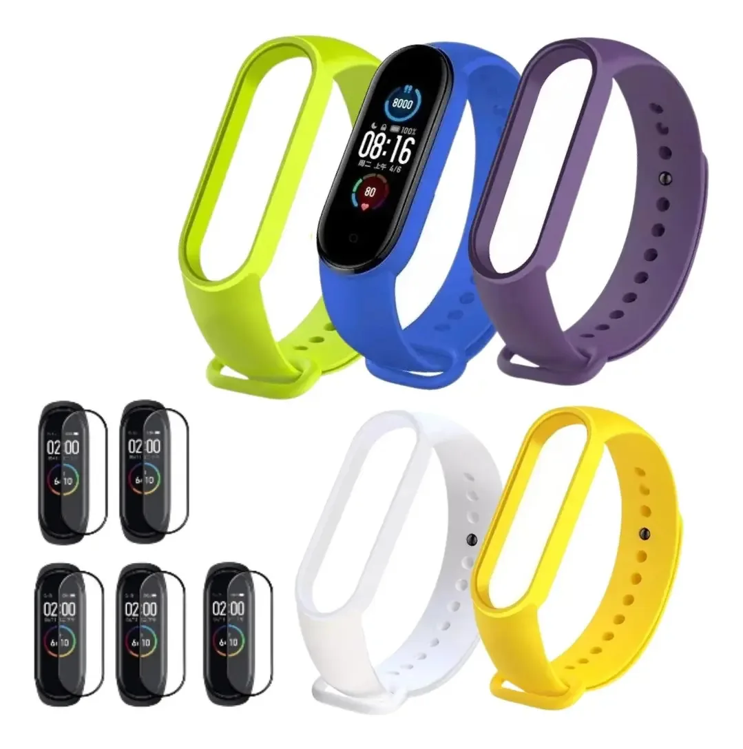 Kit 5 Pulseiras 01Smart Mi Band 567 Azul Silicone + 5 Películas Protetoras