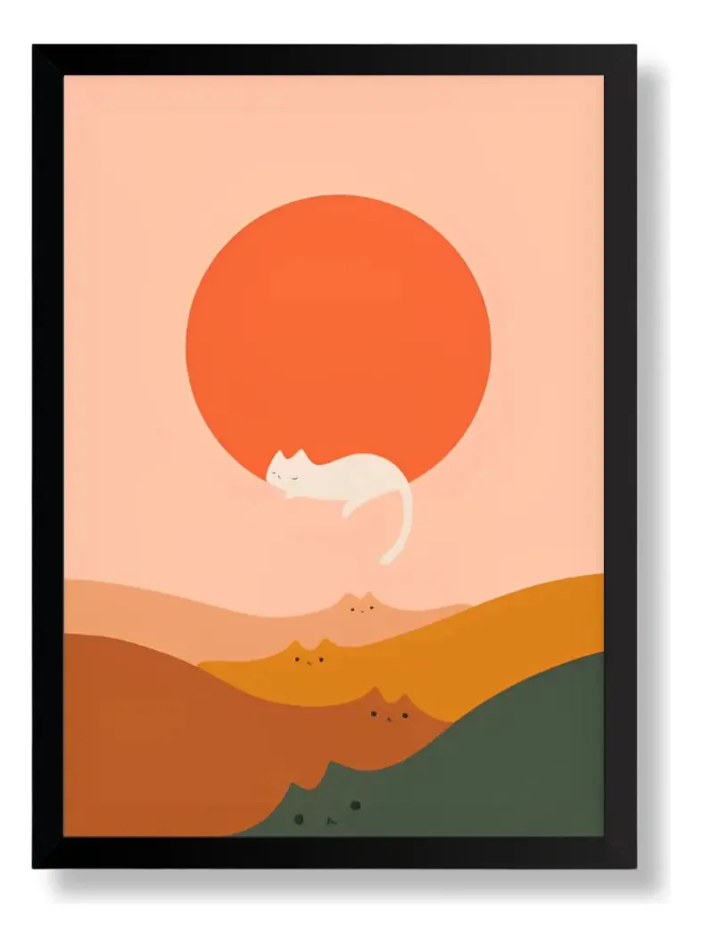Poster Com Moldura Arte Minimalista Gato Montanha
