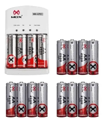 Carregador + 16 Pilhas Aa Recarregáveis Mox