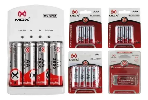 Carregador + 8 Pilhas Aa + 8 Pilhas Aaa + 1 Bateria 9v Mox