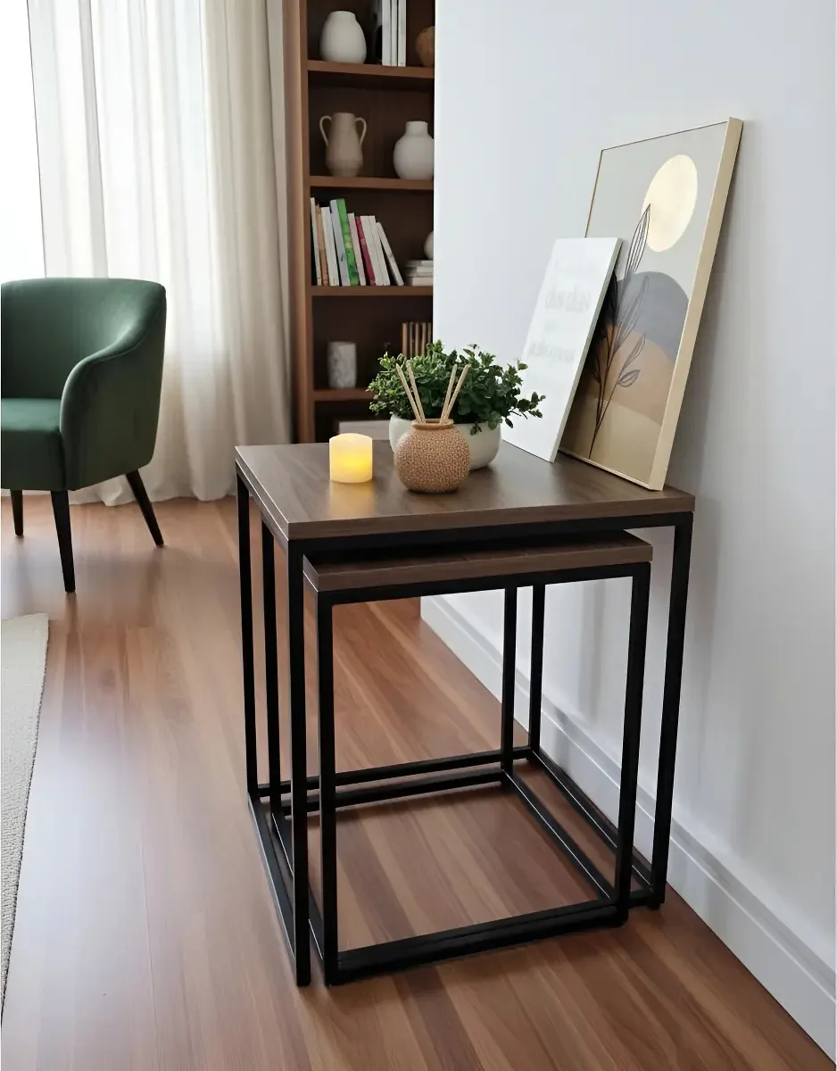 Conjunto 2 Mesas Lateral E Cabeceira Ferro Estilo Industrial Cor Preto